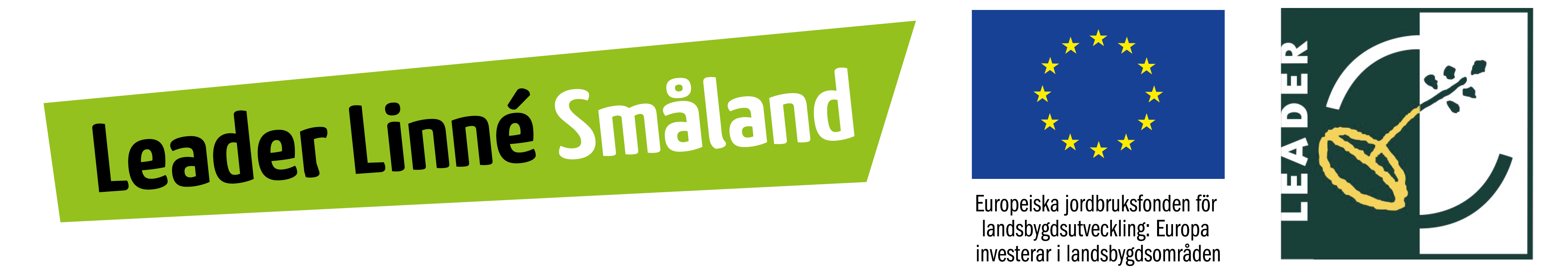 Logotyp för Leader Linne Småland, EU och Leader.