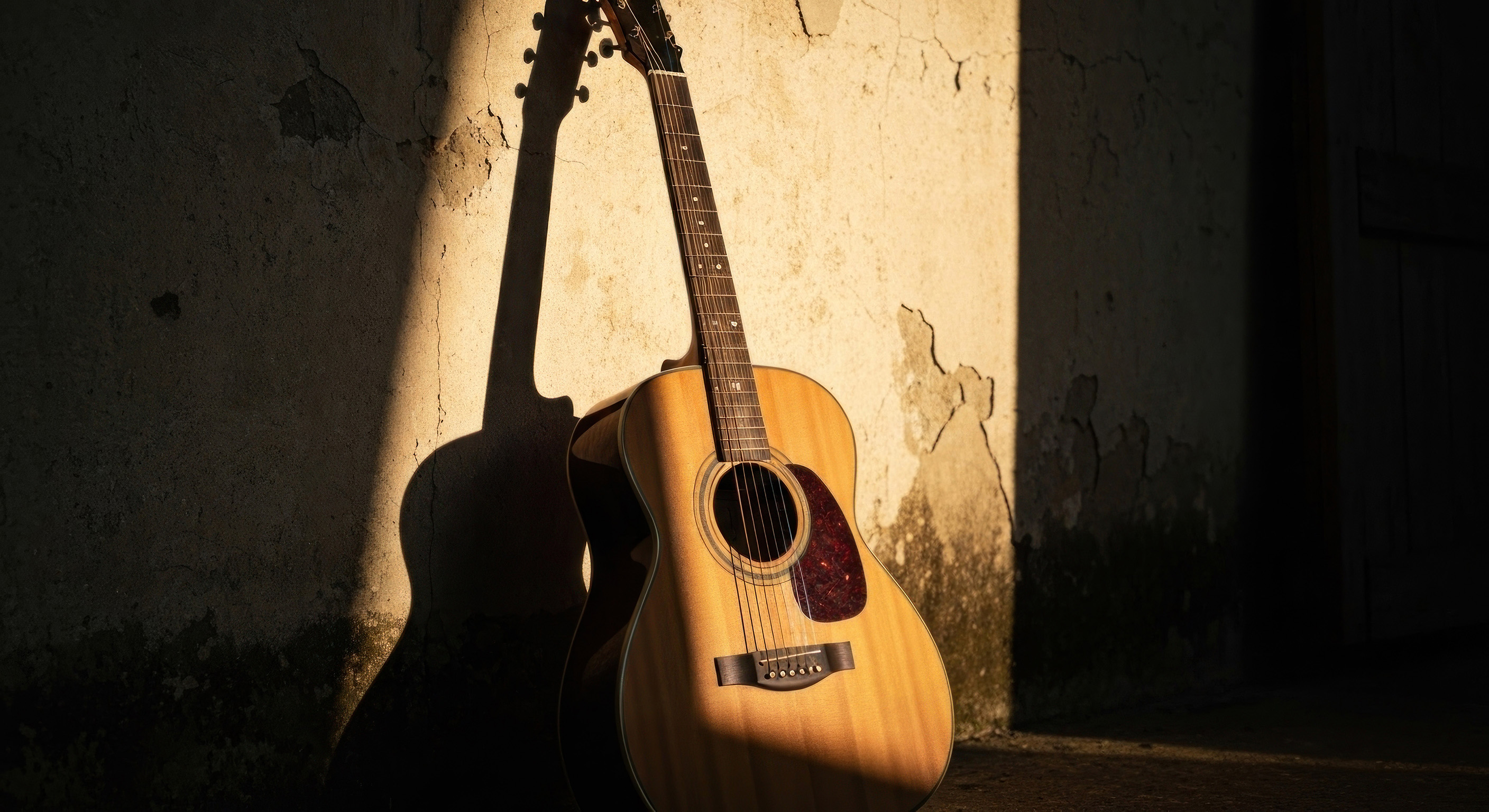 Gitarr i ljuset i en för övrigt mörk bild
