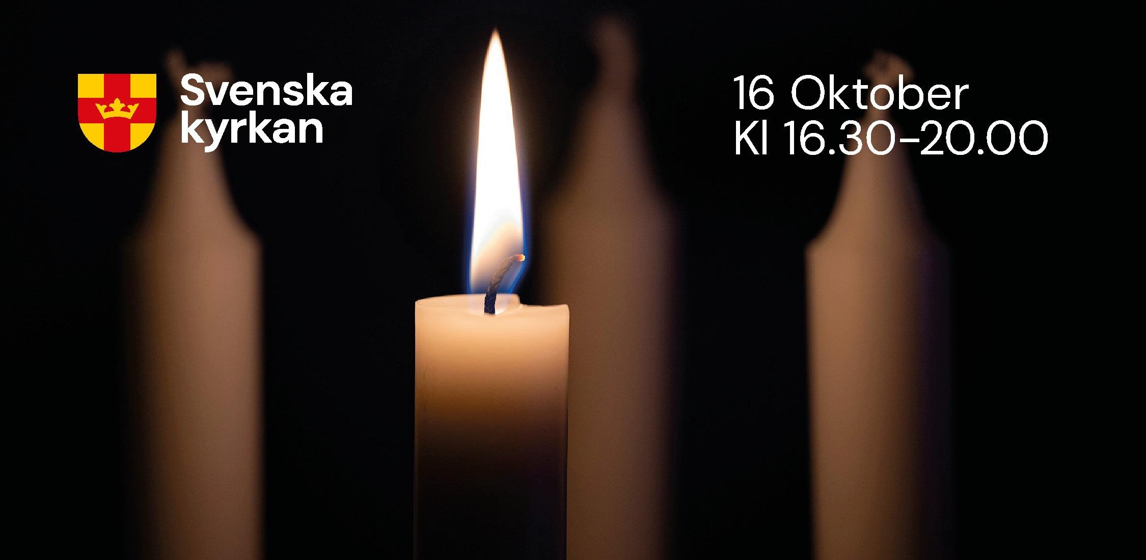 Ett stearinljus brinner i mörkret, under står texten: Huset fullt, Ljusvandring.
