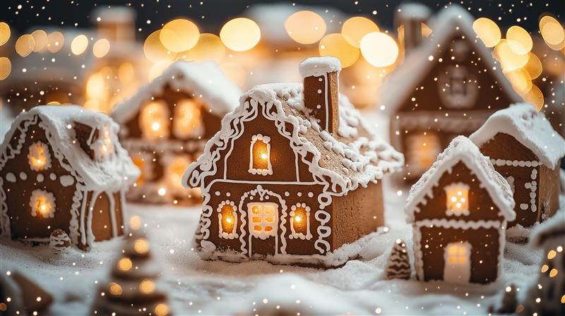 Flera små pepparkakshus, det lyser i husen och snöar utanför