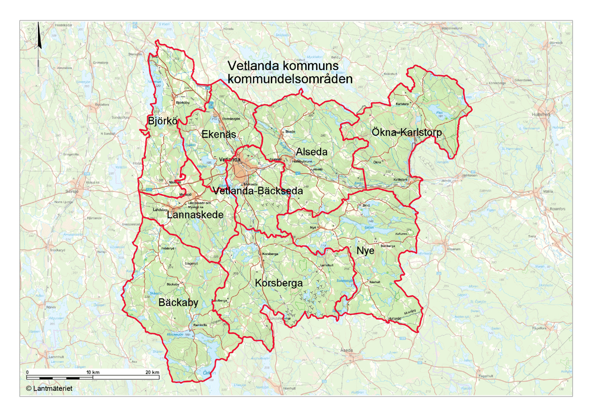 Karta med kommundelsområden utsatta.