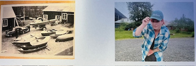 Bilder av båtar utanför Bröderna Granlunds fabrik samt bild på Malin Dahlgren-Leisjö