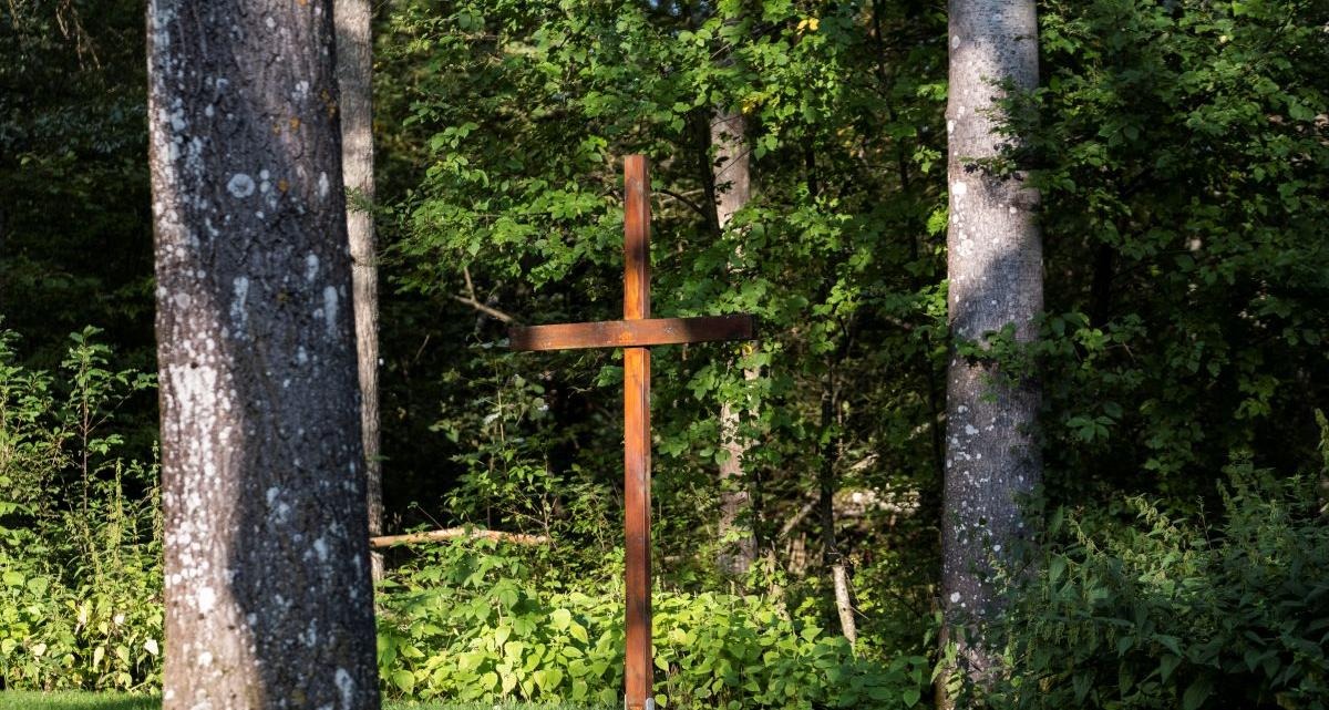 Ett smalt träkors skymtar mellan trädstammar och djup grönska.