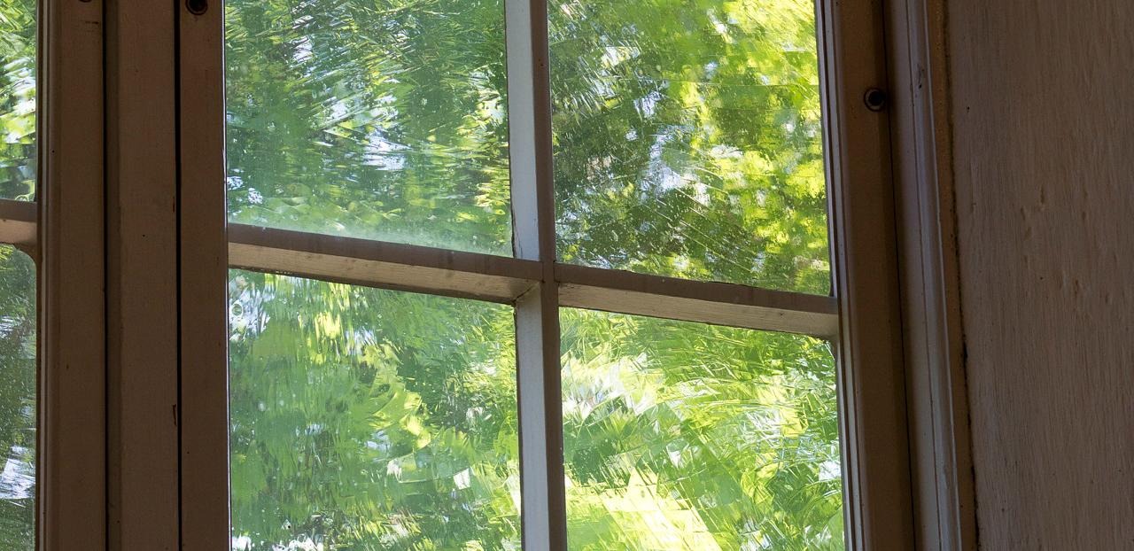 Ett bucklig glas i ett fönster, och där ute skymtar gröna träd