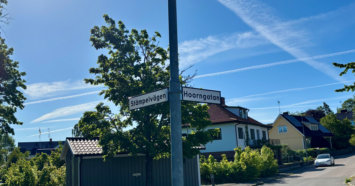Bild på gatuskylt i korsning i ett villakvarter.