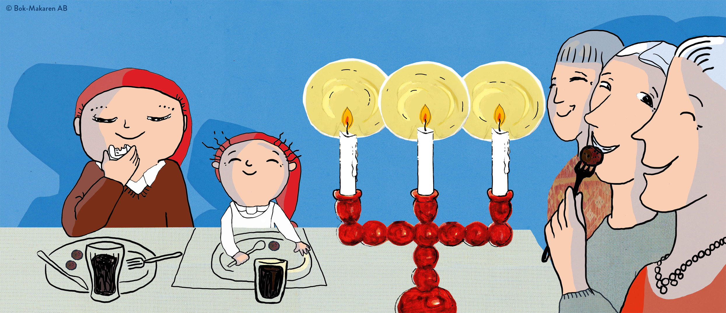 Den tecknade bilden visar Alfons, Småtting och tre vuxna som äter julmat.