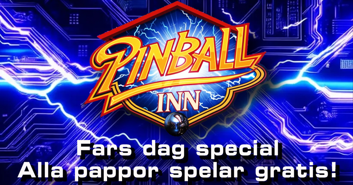“Pinball Inn logotyp med texten: Alla pappor spelar gratis på Fars dag.”