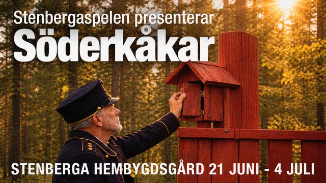 En man iklädd polisuniform öppnar en liten dörr i en röd fågelholk. Solnedgång med skog i bakgrunden.